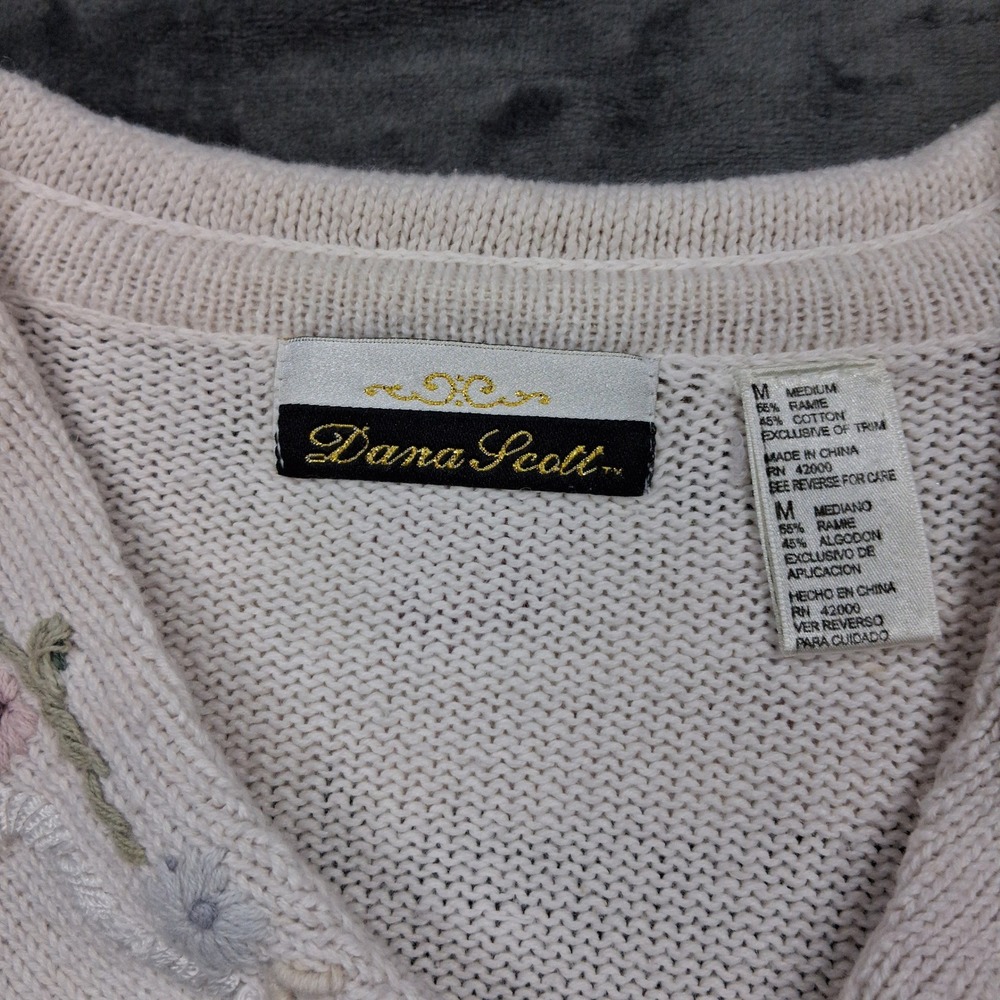 Dana Scott Cream Floral Embroidered Cardigan Sweater Pearl Accents Medium - Picture 3 of 8